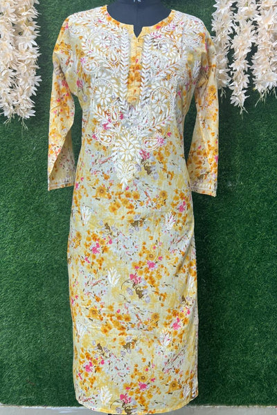 Mul Cotton Printed  Lucknowi Chikankari Embroidered Kurti