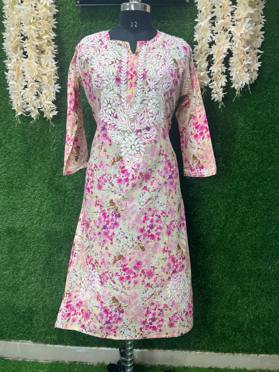 Mul Cotton Printed  Lucknowi Chikankari Embroidered Kurti