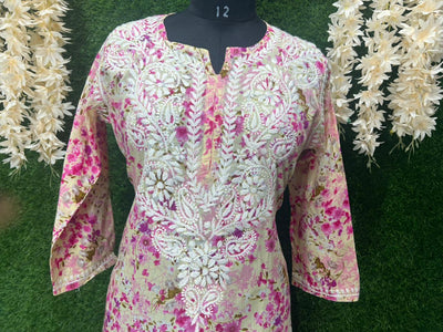 Mul Cotton Printed  Lucknowi Chikankari Embroidered Kurti