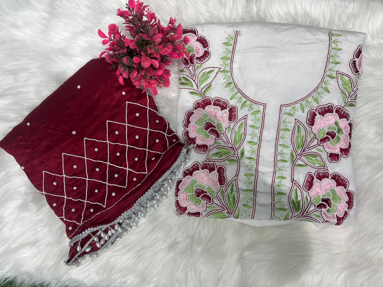 Crepe Lucknowi Chikankari Suit with Resham Work & Pearl Chiffon Dupatta