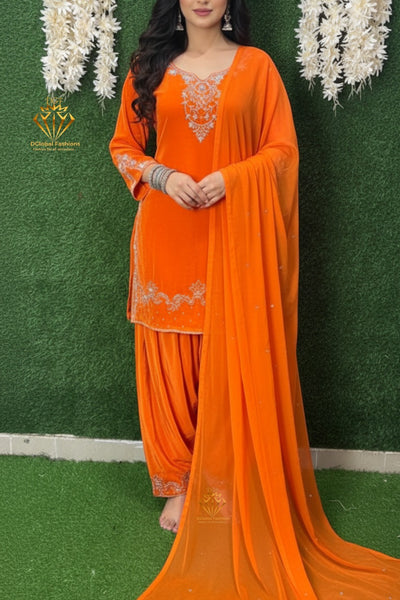 Orange Crepe Zardozi Farshi Suit Set with Top & Chiffon Dupatta