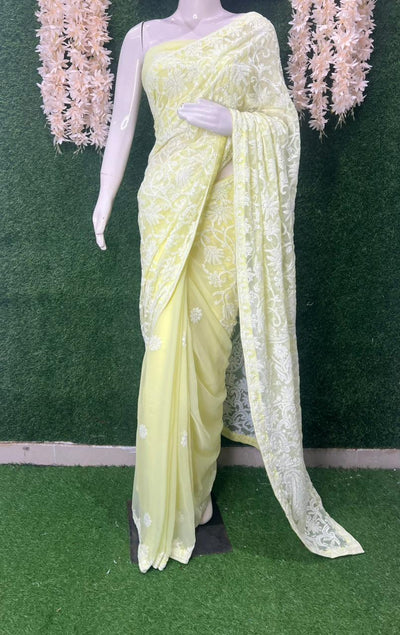 Georgette Lucknowi Chikankari Half jaal Saree with Blouse Ready-to-Wear Saree