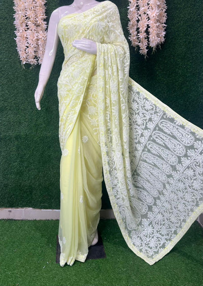 Georgette Lucknowi Chikankari Half jaal Saree with Blouse Ready-to-Wear Saree