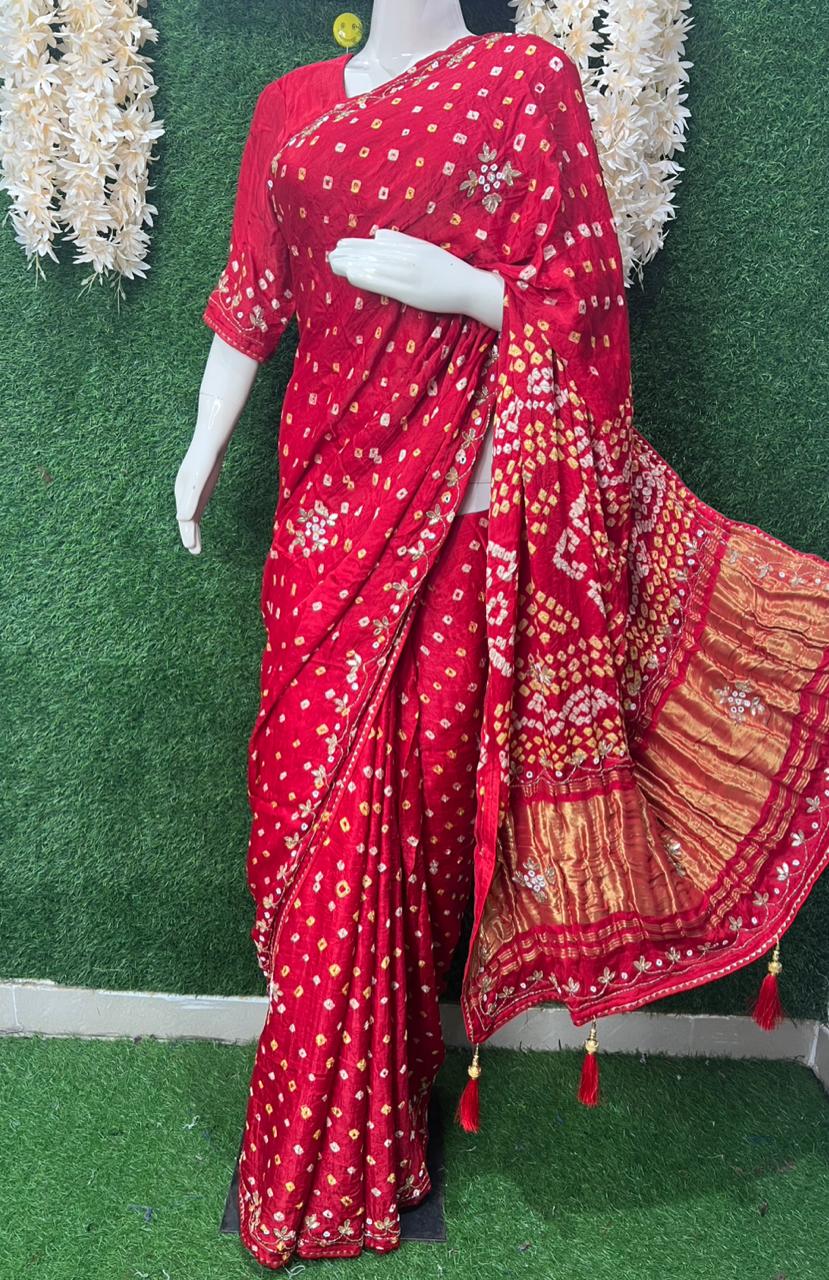 Bandhej Saree with Lagdi Patta Pallu & Cutdana Gota Patti Work