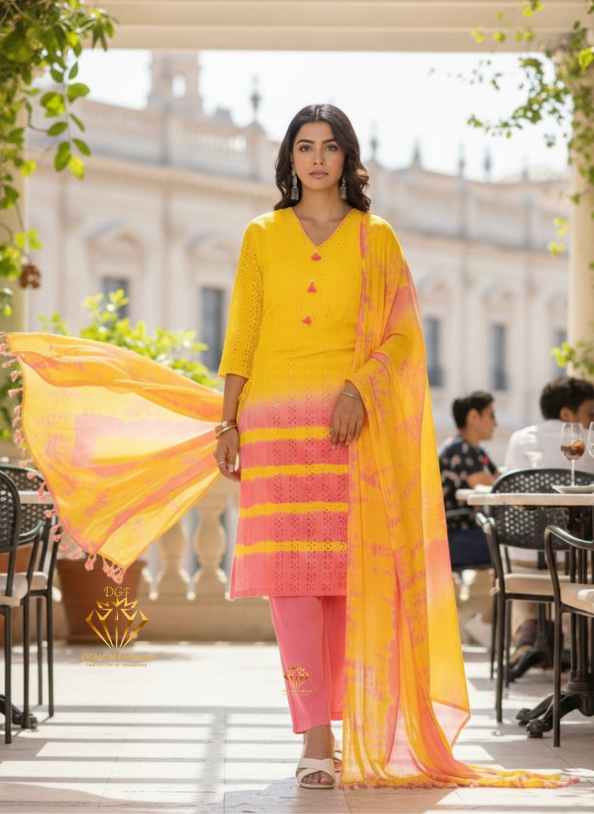 Women’s Tie & Dye Cotton Straight Kurta with Pant & Dupatta