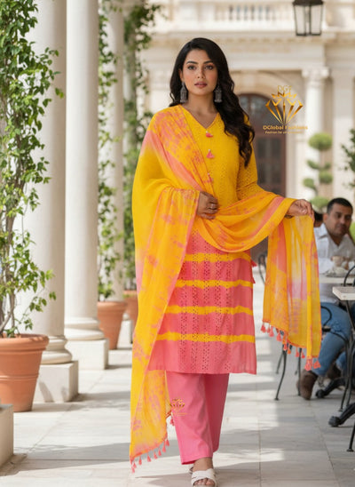 Women’s Tie & Dye Cotton Straight Kurta with Pant & Dupatta