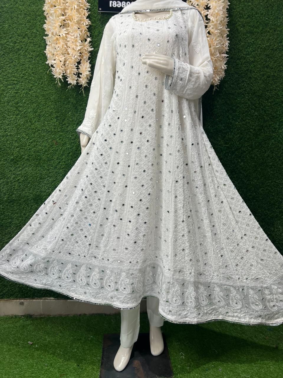 Lucknowi Chikankari Anarkali Suit with Real Mirror, Pearl & Cutdana Work Dupatta with Lace Border