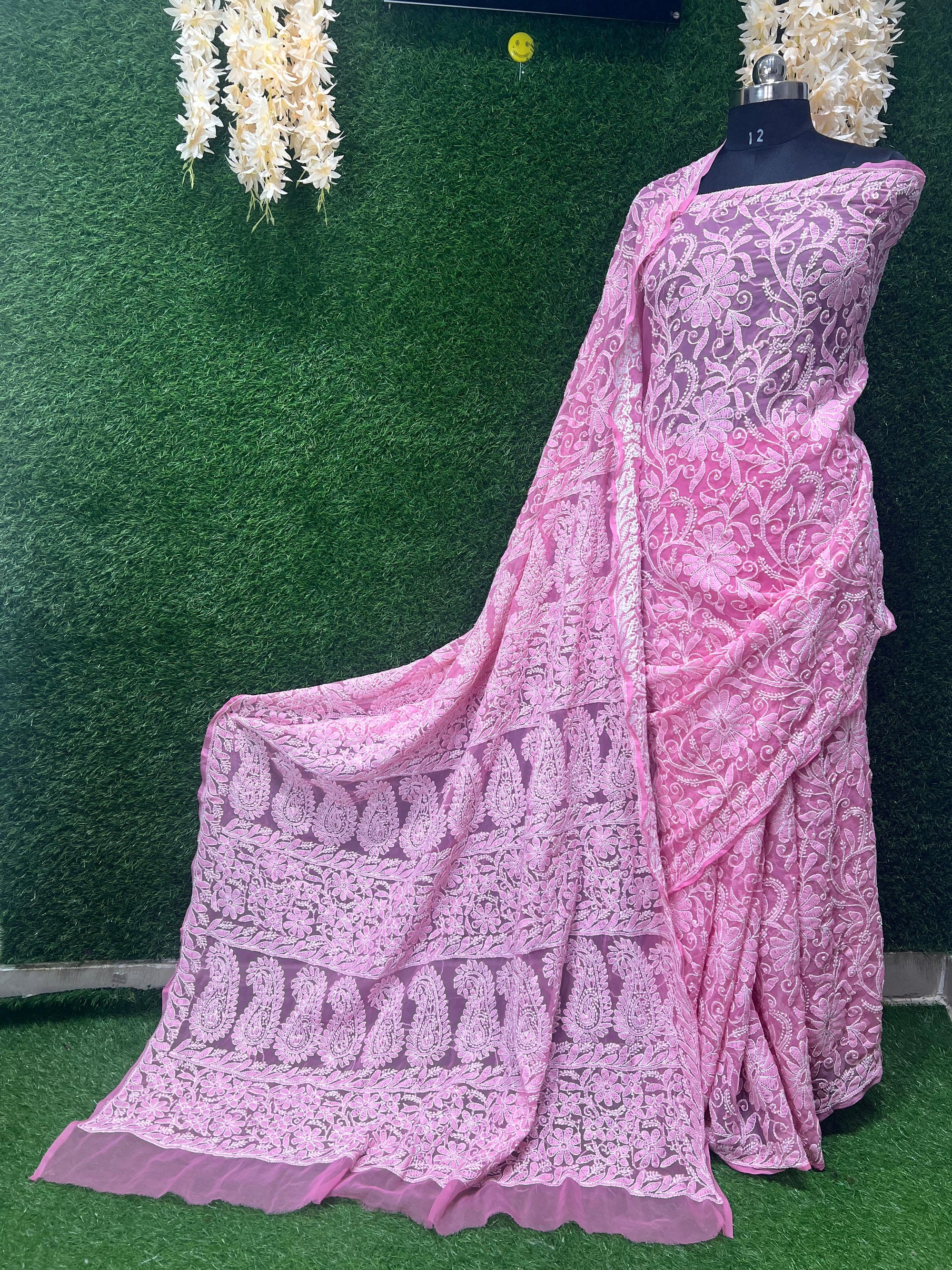 Lucknowi Chikankari Full Jaal Georgette Saree