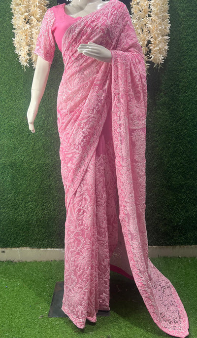 Lucknowi Chikankari Full Jaal Georgette Saree