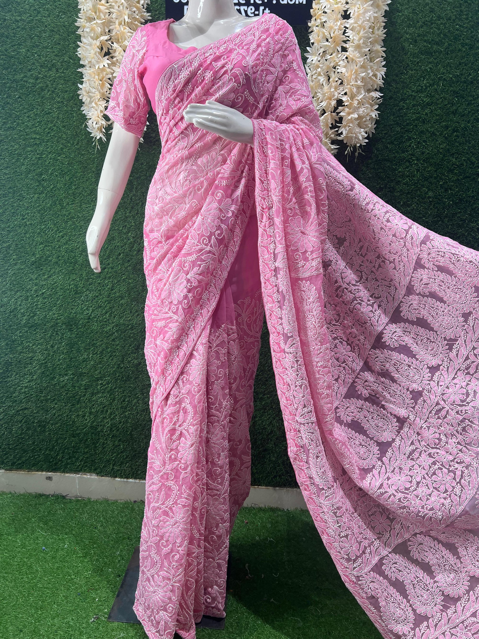 Lucknowi Chikankari Full Jaal Georgette Saree