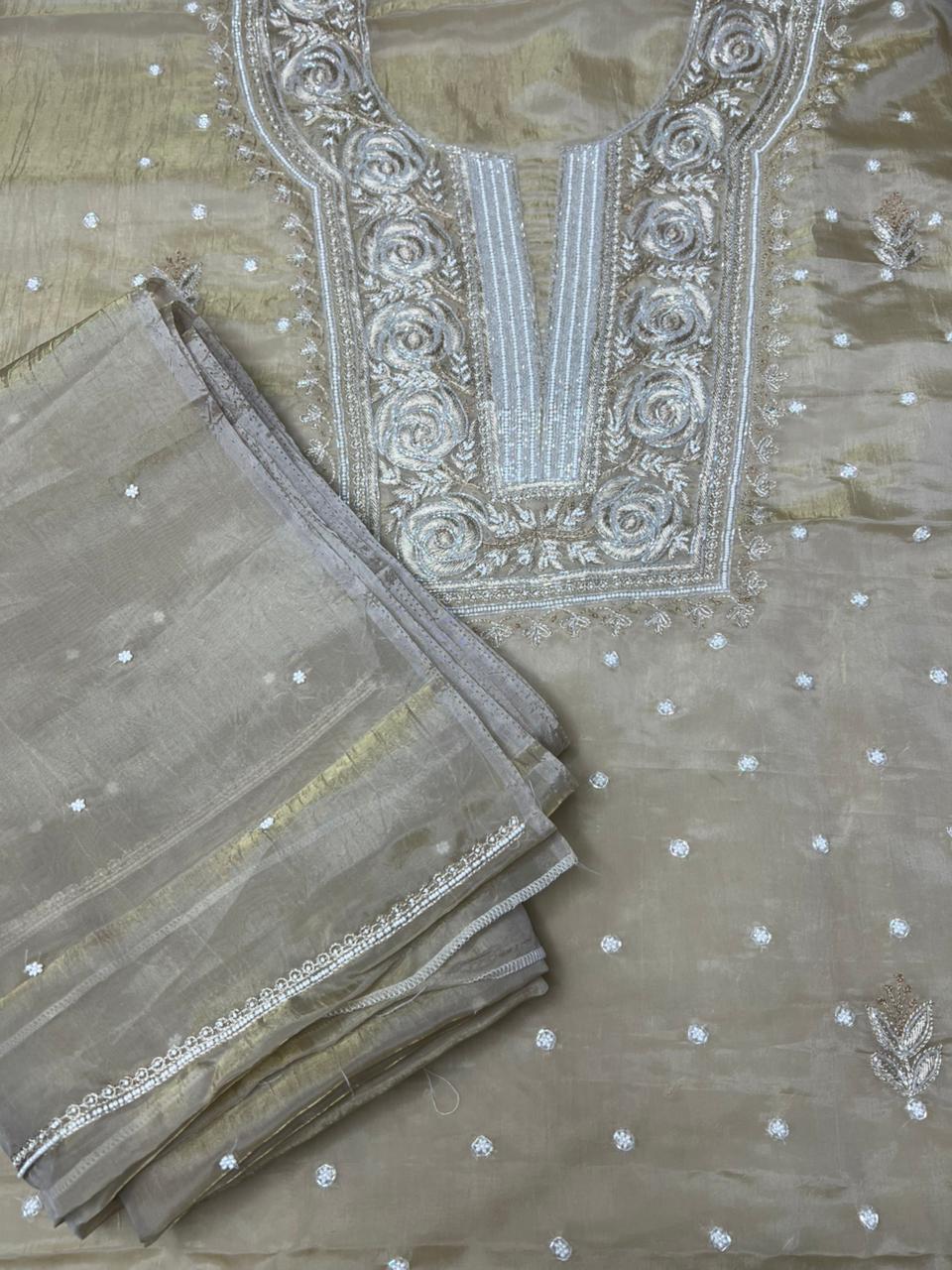 Moonga Silk Chikankari Pearl and Cutdana Work Kurta and Dupatta