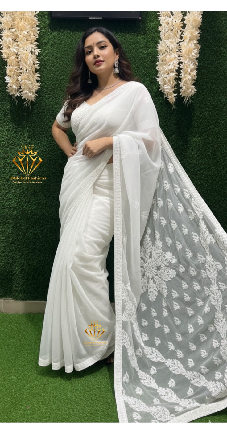 Georgette Lucknowi Chikankari Half jaal Saree with Blouse Ready-to-Wear Saree