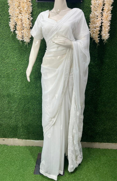 Georgette Lucknowi Chikankari Half jaal Saree with Blouse Ready-to-Wear Saree