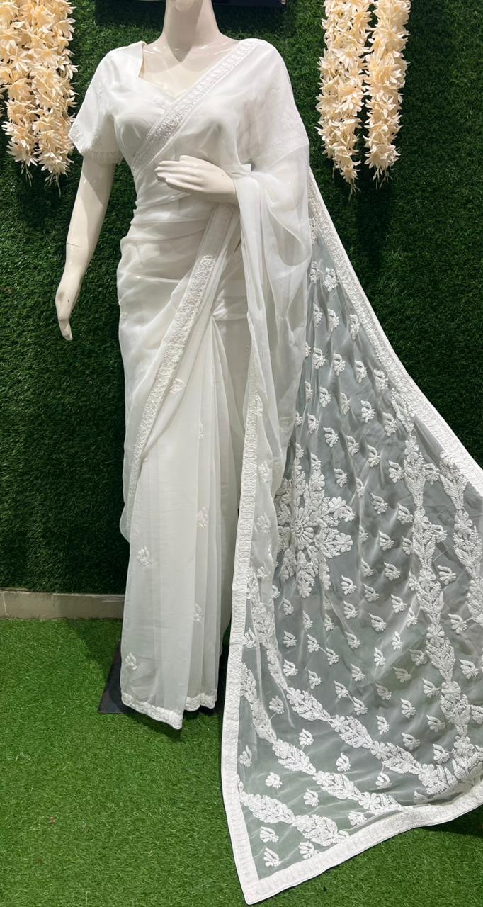 Georgette Lucknowi Chikankari Half jaal Saree with Blouse Ready-to-Wear Saree