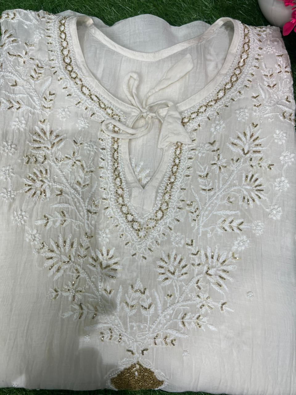Lucknowi Chikankari Kaftan with Cutdana & Pearl Hand Embroidery – Mul Chanderi (Unstitched)