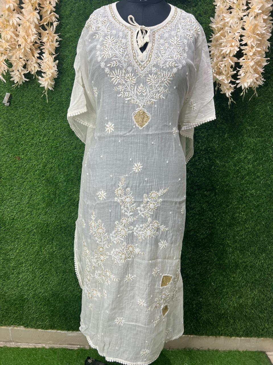 Lucknowi Chikankari Kaftan with Cutdana & Pearl Hand Embroidery – Mul Chanderi (Unstitched)