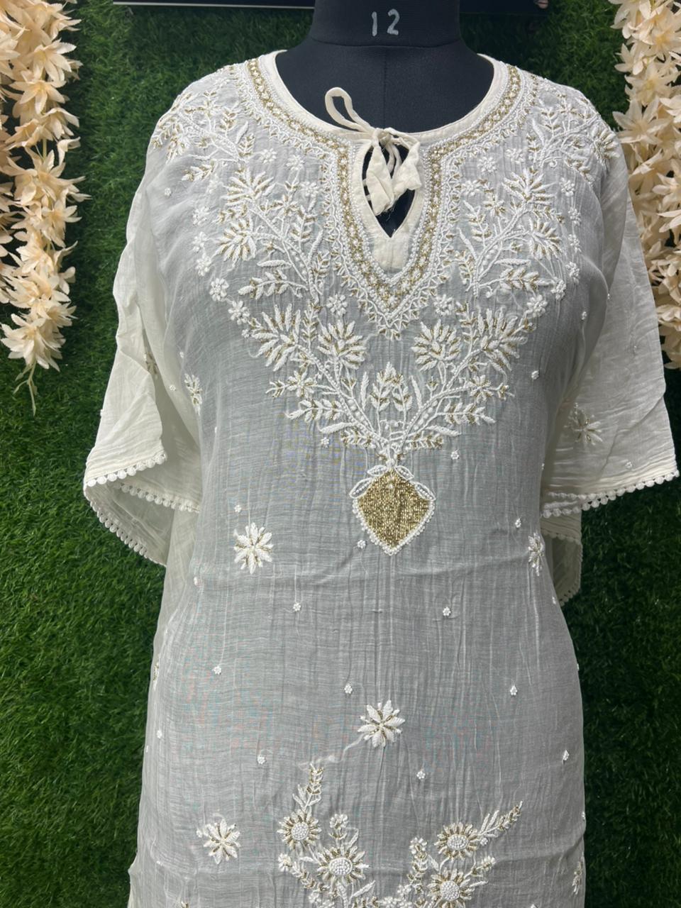 Lucknowi Chikankari Kaftan with Cutdana & Pearl Hand Embroidery – Mul Chanderi (Unstitched)