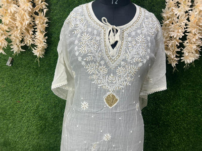 Lucknowi Chikankari Kaftan with Cutdana & Pearl Hand Embroidery – Mul Chanderi (Unstitched)