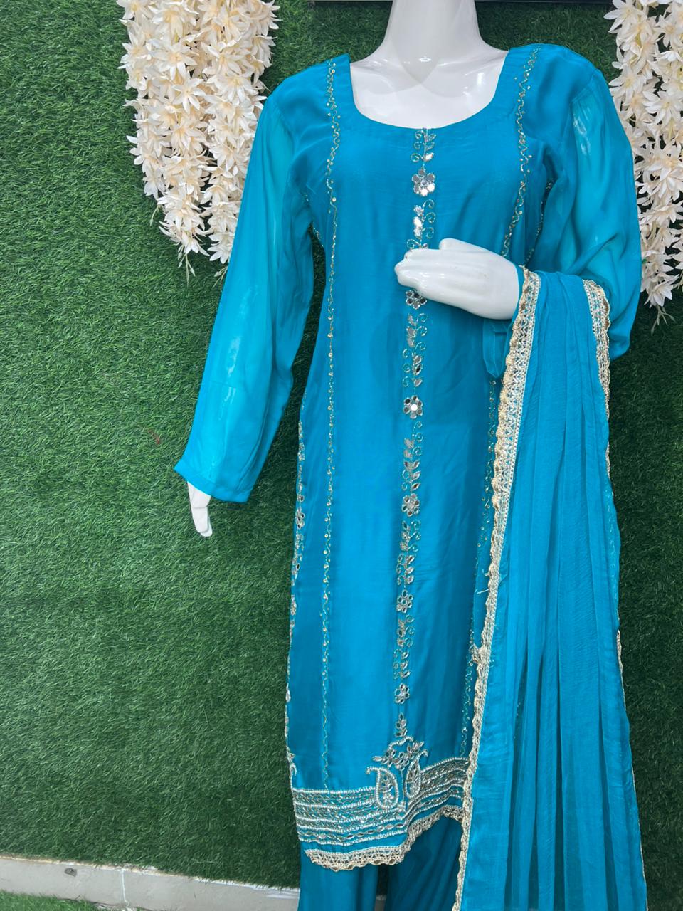 Kurta Pant Suit Set with Cutdana, Pearl & Real Mirror Embroidery