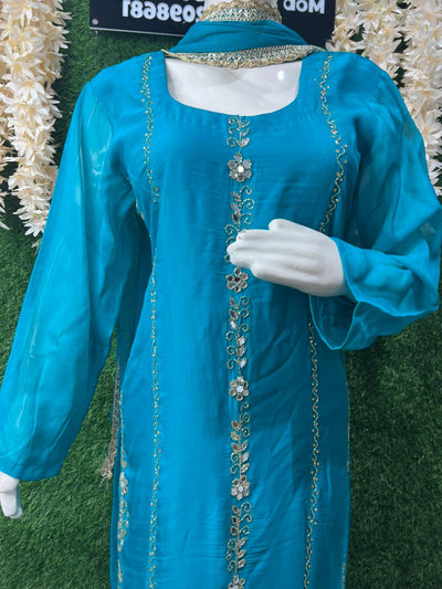 Kurta Pant Suit Set with Cutdana, Pearl & Real Mirror Embroidery