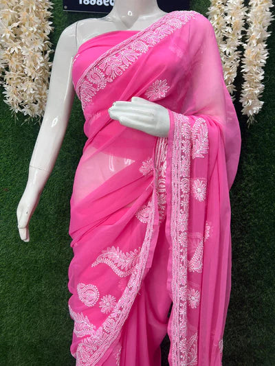Ready-to-Wear Lucknowi Chikankari Saree – Half Jaal Work