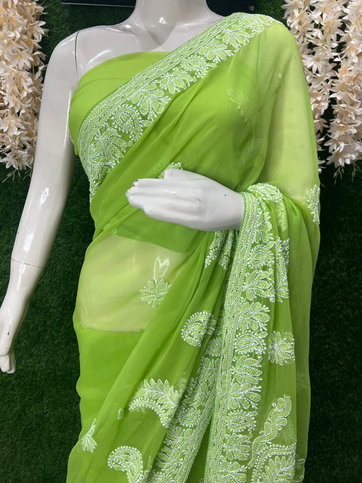 Lucknowi Chikankari Half Jaal Saree with Handwork