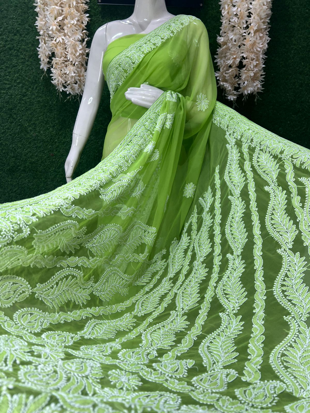 Lucknowi Chikankari Half Jaal Saree with Handwork