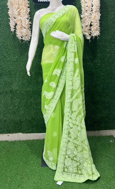 Lucknowi Chikankari Half Jaal Saree with Handwork