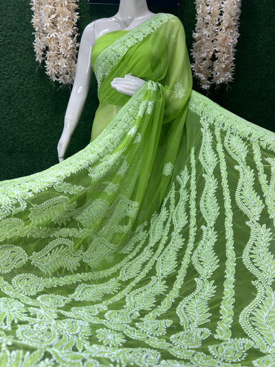 Lucknowi Chikankari Half Jaal Saree with Handwork
