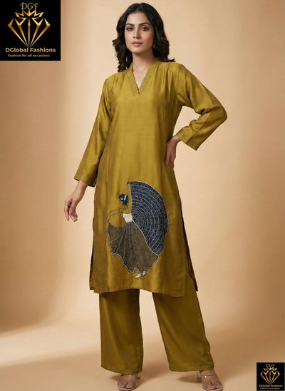 Gajji Silk A-Line Kurti & Pant Set with Applique Patch Embroidery