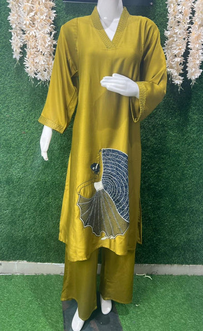 Gajji Silk A-Line Kurti & Pant Set with Applique Patch Embroidery