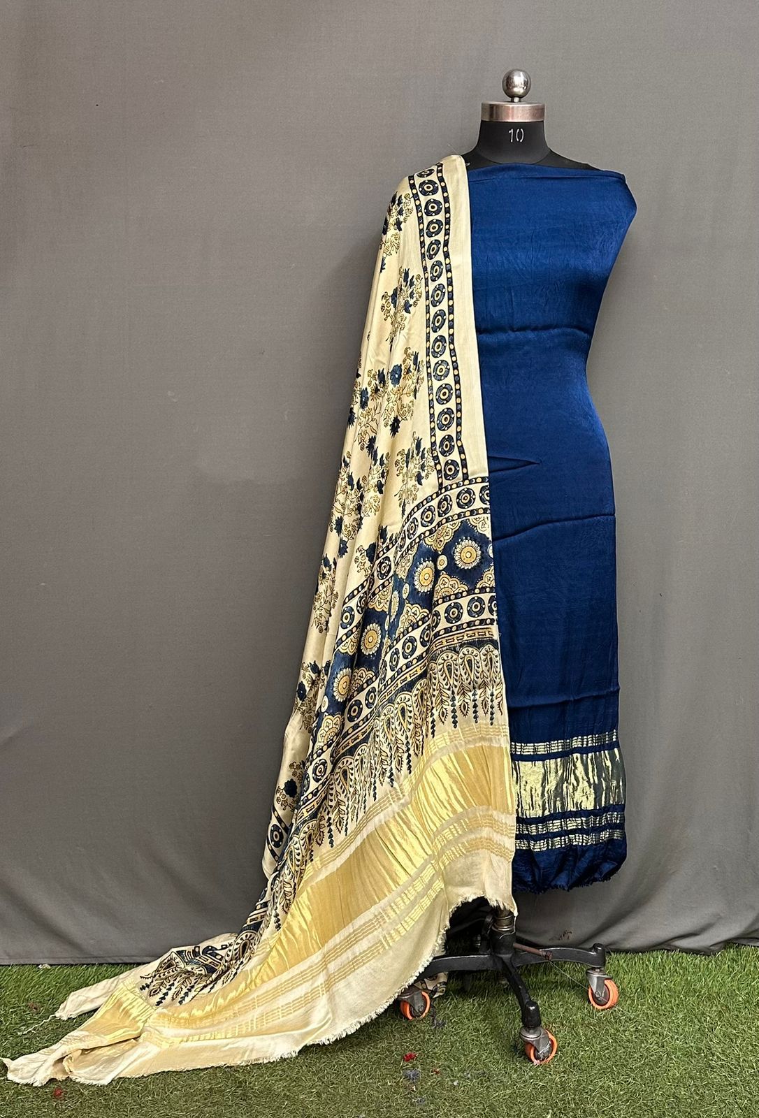 Unstitched Modal Silk Suit Set with Lagdi Patta Kurta & Hand Block Ajrak Dupatta