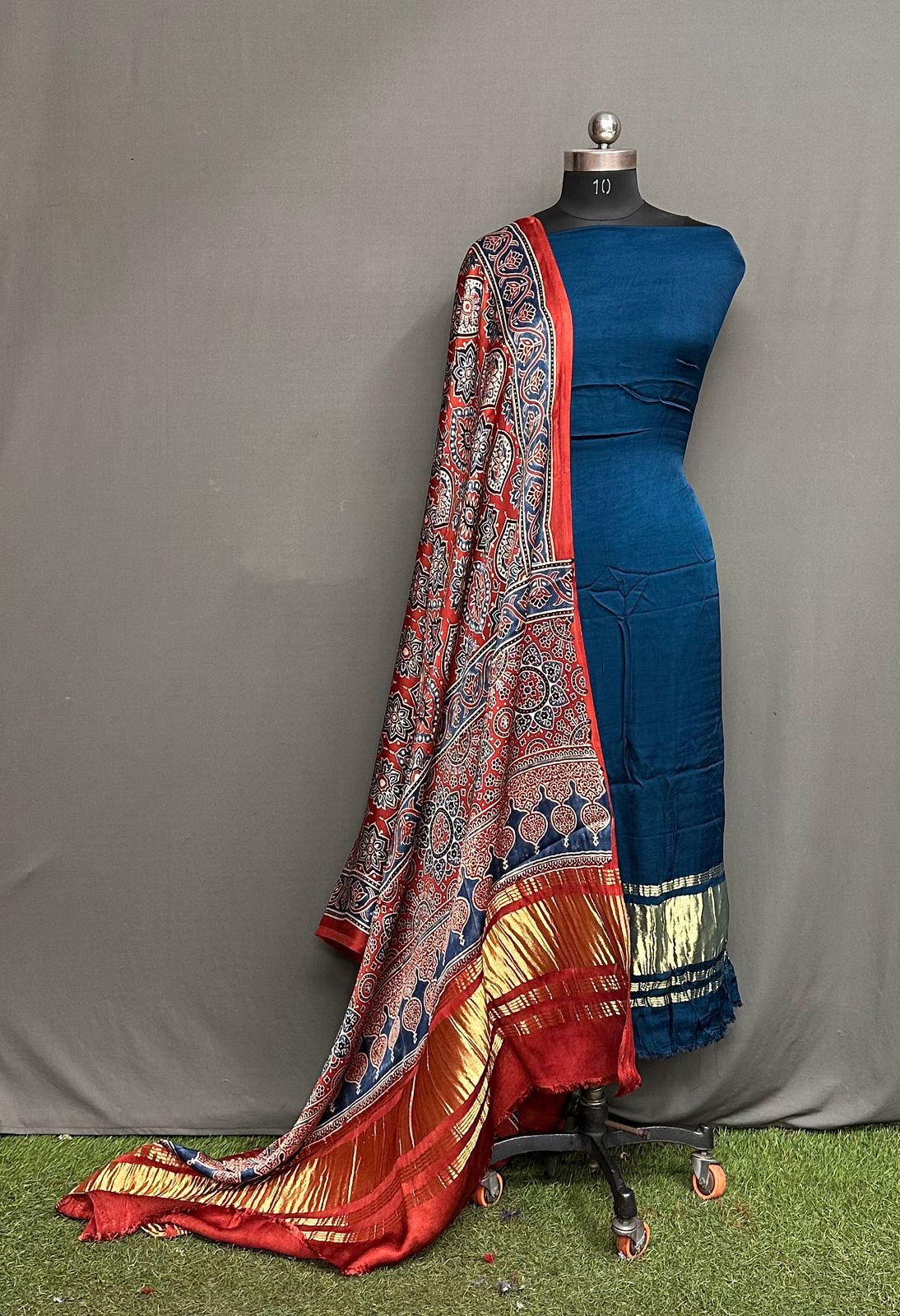 Unstitched Modal Silk Suit Set with Lagdi Patta Kurta & Hand Block Ajrak Dupatta