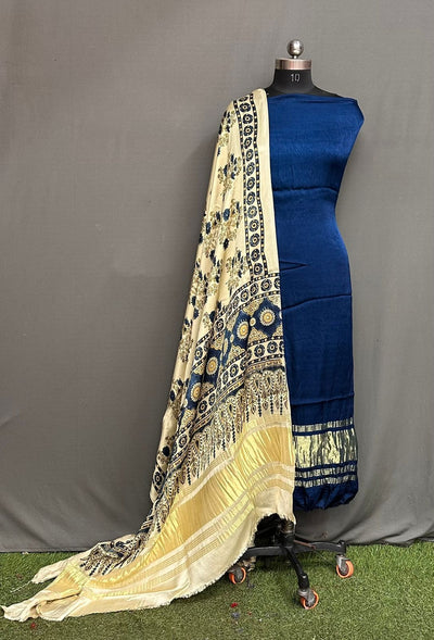 Unstitched Modal Silk Suit Set with Lagdi Patta Kurta & Hand Block Ajrak Dupatta