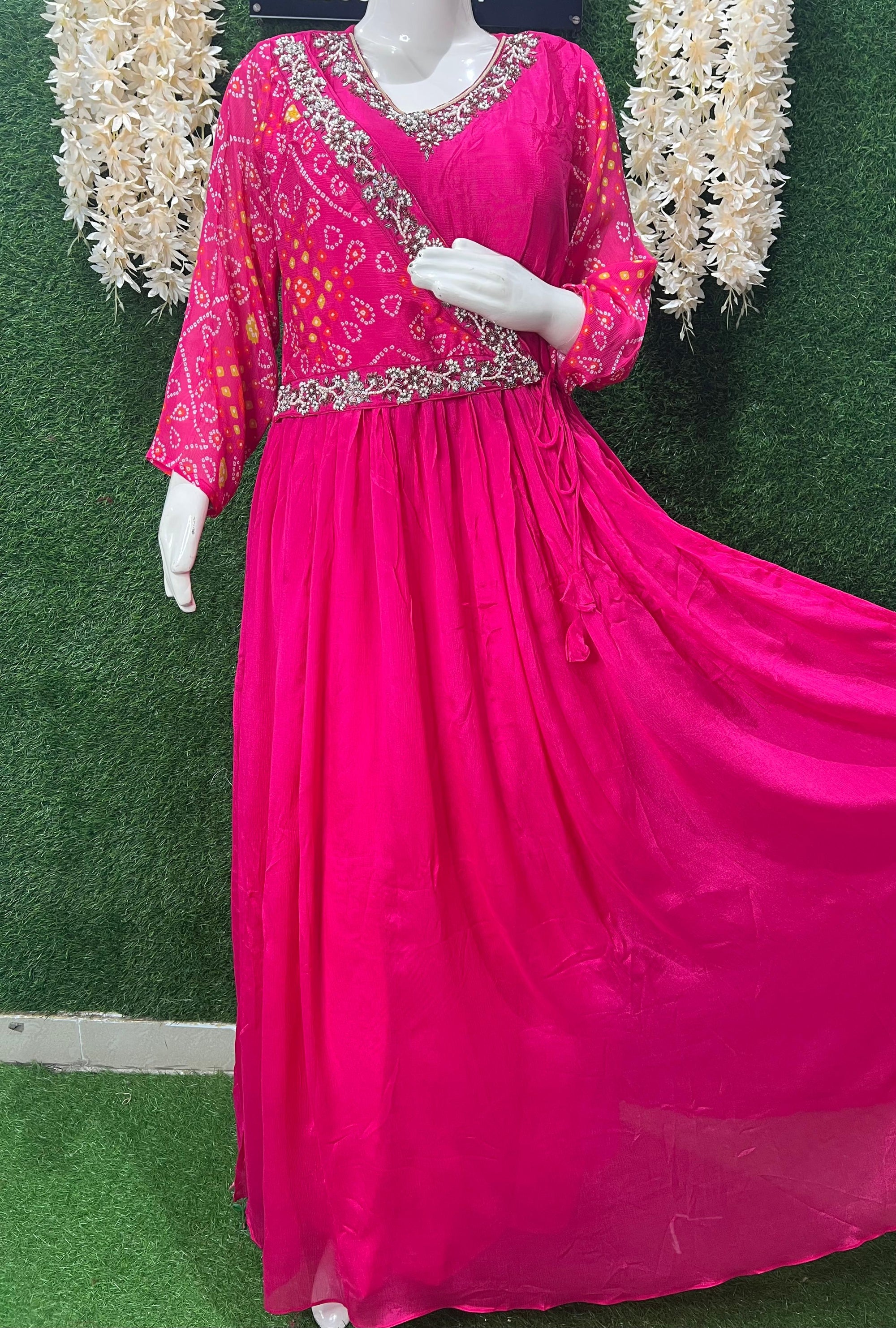 Pink Chiffon Embroidered Bandhej Gown – Festive Wear Readymade