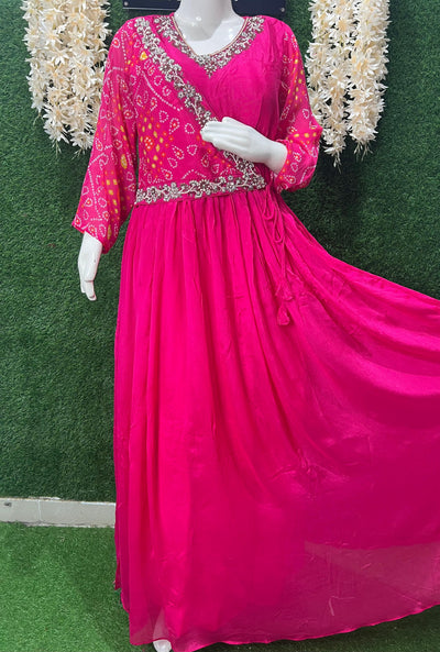 Pink Chiffon Embroidered Bandhej Gown – Festive Wear Readymade
