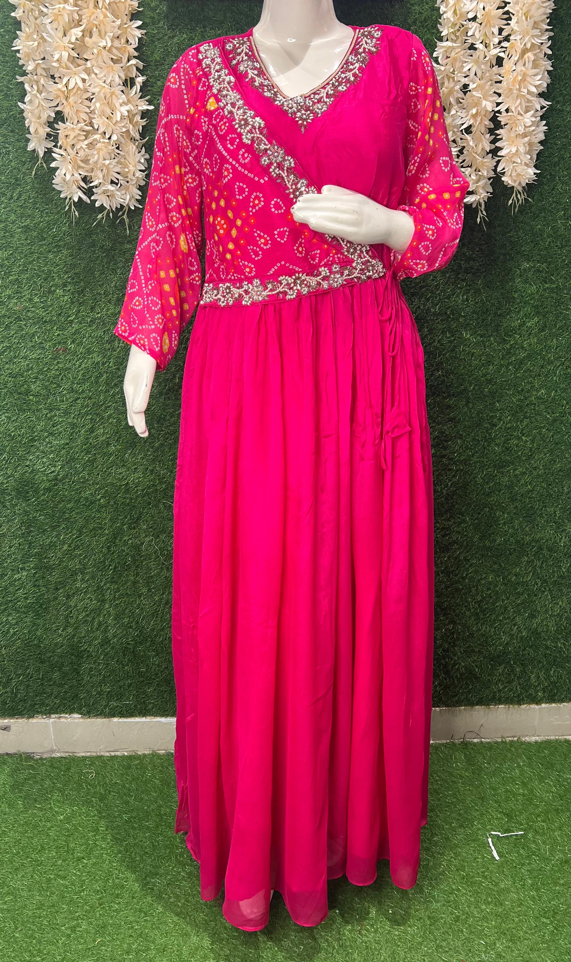 Pink Chiffon Embroidered Bandhej Gown – Festive Wear Readymade