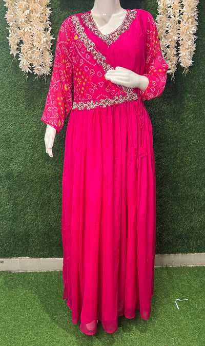 Pink Chiffon Embroidered Bandhej Gown – Festive Wear Readymade
