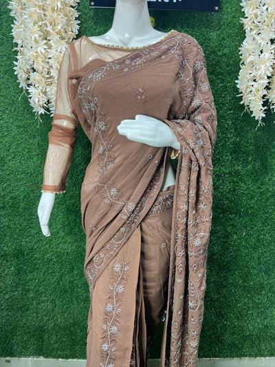 Lucknowi Chikankari Ready-to-Wear Saree with Pearl & Cutdana Handwork