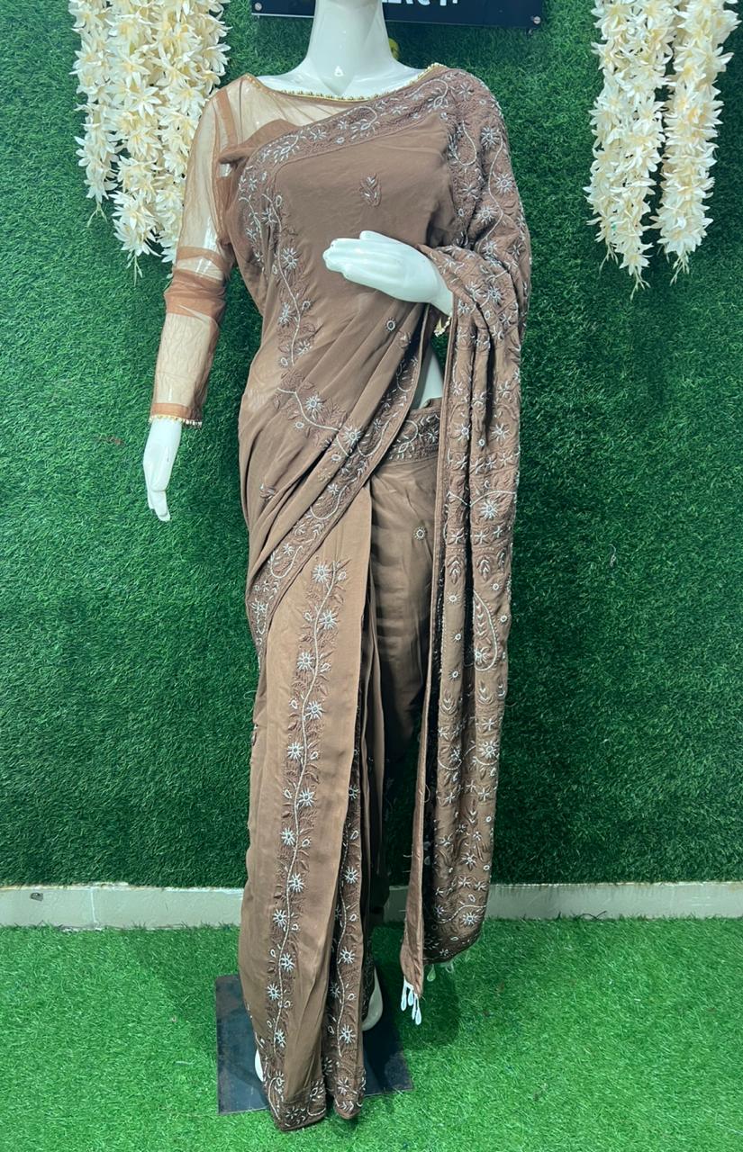 Lucknowi Chikankari Ready-to-Wear Saree with Pearl & Cutdana Handwork