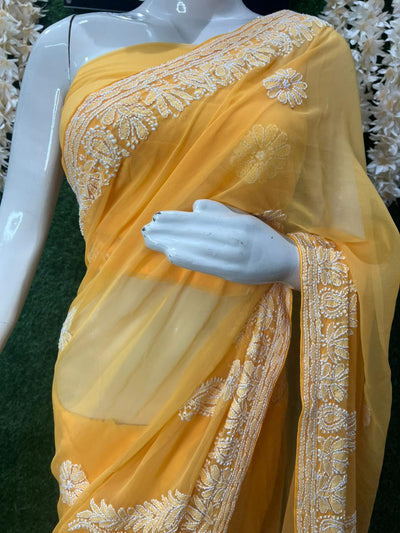 Lucknowi Chikankari Half Jaal Saree with Handwork