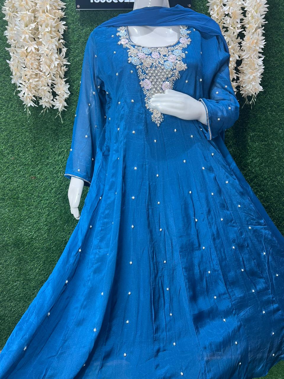 Chinnon Hand-Embroidery Anarkali Suit with Cutdana, Pearl & Sequin Work