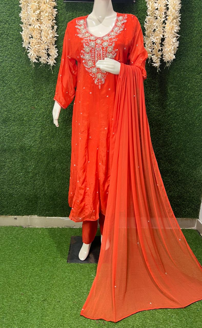 Chinnon Hand-Embroidery Anarkali Suit with Cutdana, Pearl & Sequin Work