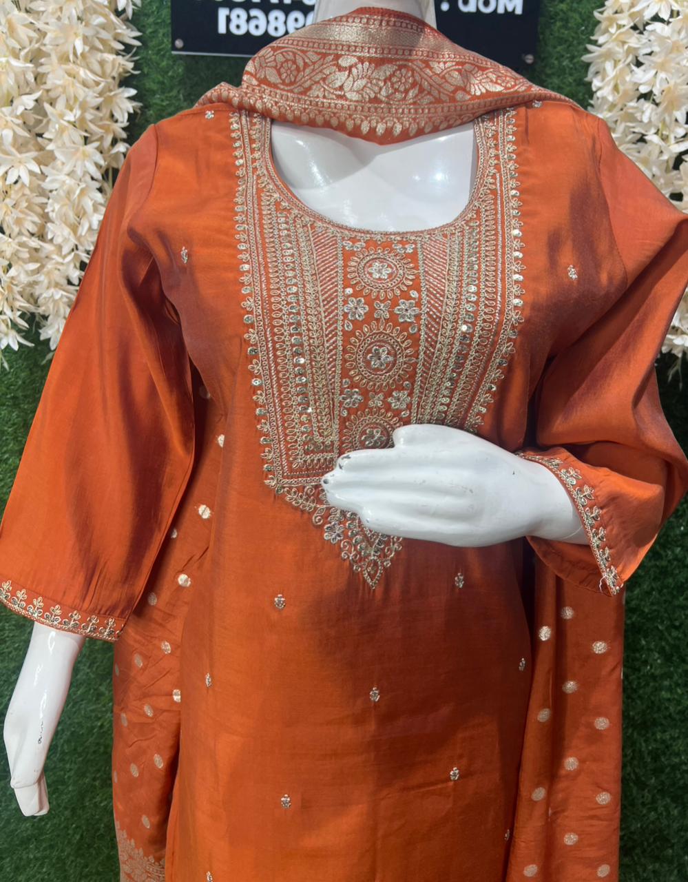 Embroidery Silk Suit Set with Banarasi Dupatta