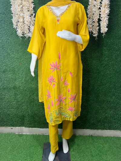 Hand Printed Mul Chanderi Kurta with Cutdana, Sequin & Pearl Work – Thread Embroidery on Neck