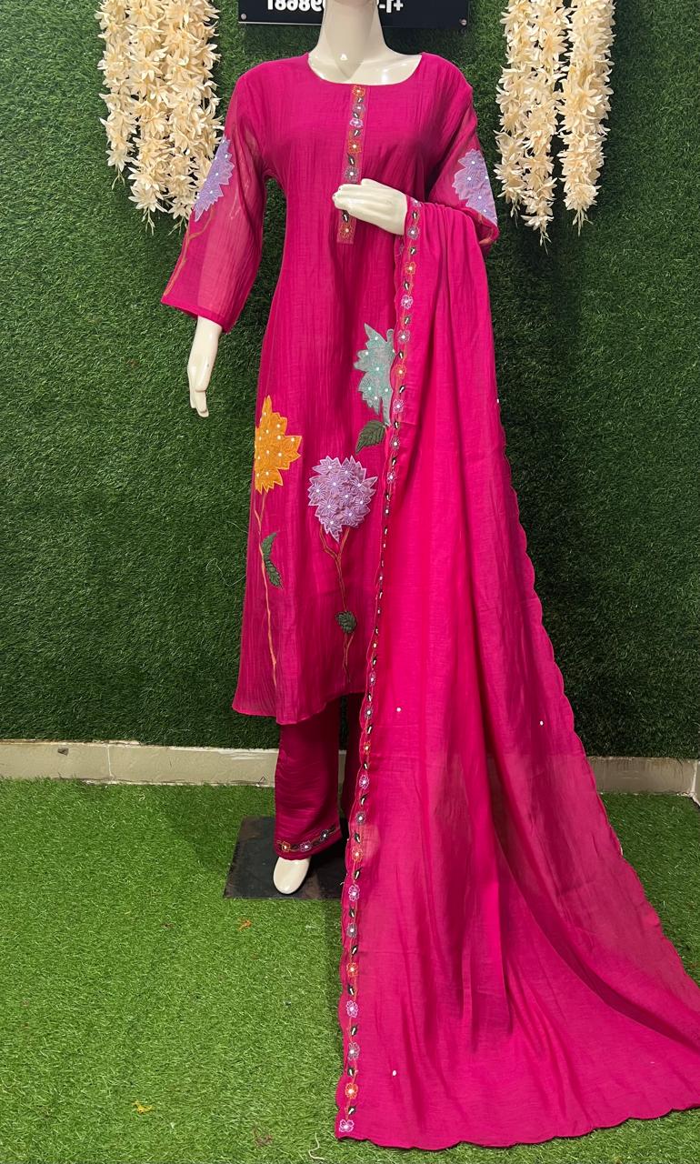 A-Line Mul Chanderi Thread Embroidered Kurta Set with Sequin & Pearl Work Dupatta