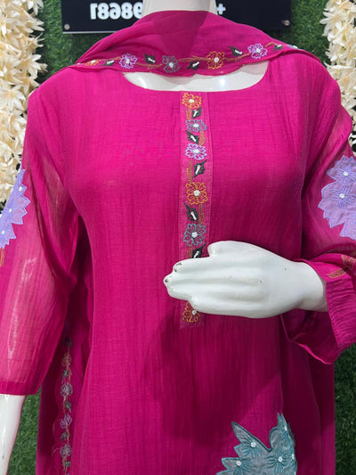 A-Line Mul Chanderi Thread Embroidered Kurta Set with Sequin & Pearl Work Dupatta