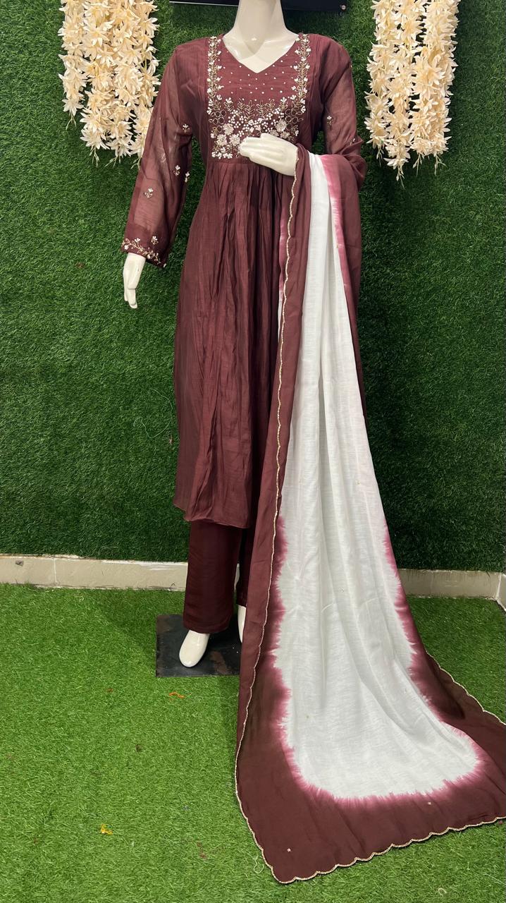 A-Line Mul Chanderi Kurta Suit Set with Ombre Dupatta & Pearl, Sequin, Cutdana Work