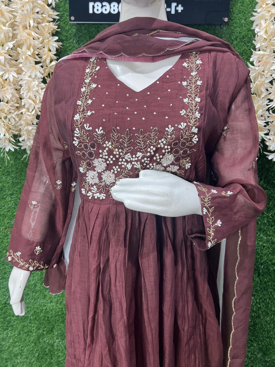 A-Line Mul Chanderi Kurta Suit Set with Ombre Dupatta & Pearl, Sequin, Cutdana Work