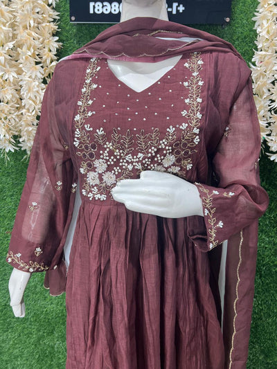 A-Line Mul Chanderi Kurta Suit Set with Ombre Dupatta & Pearl, Sequin, Cutdana Work